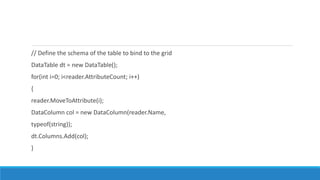 // Define the schema of the table to bind to the grid
DataTable dt = new DataTable();
for(int i=0; i<reader.AttributeCount; i++)
{
reader.MoveToAttribute(i);
DataColumn col = new DataColumn(reader.Name,
typeof(string));
dt.Columns.Add(col);
}
 