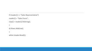 if (reader[i] == "Sales Representative")
reader[i] = "Sales Force";
row[i] = reader[i].ToString();
}
dt.Rows.Add(row);
}
while (reader.Read());
 