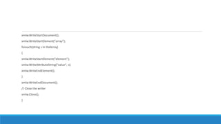 xmlw.WriteStartDocument();
xmlw.WriteStartElement("array");
foreach(string s in theArray)
{
xmlw.WriteStartElement("element");
xmlw.WriteAttributeString("value", s);
xmlw.WriteEndElement();
}
xmlw.WriteEndDocument();
// Close the writer
xmlw.Close();
}
 