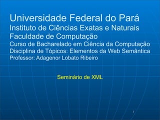 Universidade Federal do Pará
Instituto de Ciências Exatas e Naturais
Faculdade de Computação
Curso de Bacharelado em Ciência da Computação
Disciplina de Tópicos: Elementos da Web Semântica
Professor: Adagenor Lobato Ribeiro


                  Seminário de XML




                                          1