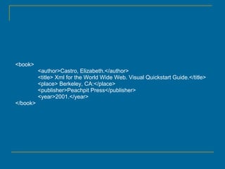 <book> <author>Castro, Elizabeth.</author> <title> Xml for the World Wide Web. Visual Quickstart Guide.</title> <place> Berkeley, CA:</place> <publisher>Peachpit Press</publisher> <year>2001.</year> </book> 