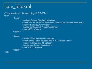zoe_bib.xml <?xml version="1.0" encoding="UTF-8"?> <bib> <book> <author>Castro, Elizabeth.</author> <title> Xml for the World Wide Web. Visual Quickstart Guide.</title> <place> Berkeley, CA:</place> <publisher>Peachpit Press</publisher> <year>2001.</year> </book> <book> <author>Watt, Andrew H.</author> <title> Sams Teach Yourself Xml in 10 Minutes.</title> <place>Indianapolis, IN:</place> <publisher> Sams .,</publisher> <year>  2003.</year> </book> </bib> 