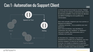 www.unknowns.fr
Cas 1 : Automation du Support Client
16
Le texte transcrit est envoyé au service “Dialog”,
qui va tenter de matcher la demande dans l’arbre
de décision prédéfini. C’est cet arbre de décision
qui définit l’intelligence et la qualité de la
conversation.
Dans notre exemple, imaginons que nous sommes un
fabriquant de téléphone.
L’utilisateur demande : “J’ai un problème avec mon
téléphone”.
Dans l’arbre de décision, nous identifions la
combinaison des mots “problème” et “téléphone”,
mais pas le modèle. Nous demandons donc à
l’utilisateur de le préciser.
Au deuxième tour, l’utilisateur nous donnera
probablement le modèle de son téléphone, que nous
pourrons comparer à la liste de nos modèles. En
revanche, si le modèle du téléphone ne peut-être
identifié, nous recommençons le second tour (jusqu’à
matcher la condition dans l’arbre de décision).
Client
Speech to Text
Text to Speech
Dialog
2/5
 