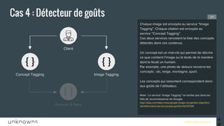 www.unknowns.fr
Cas 4 : Détecteur de goûts
48
Chaque image est envoyée au service “Image
Tagging”. Chaque citation est envoyée au service
“Concept Tagging”.
Ces deux services renvoient la liste des concepts
détectés dans ces contenus.
Un concept est un mot-clé qui permet de décrire
ce que contient l’image ou le texte de la manière
dont le ferait un humain.
Par exemple, une photo de skieurs renverra les
concepts : ski, neige, montagne, sport.
Les concepts qui ressortent correspondent donc
aux goûts de l’utilisateur.
Note : Le service “Image Tagging” ne tombe pas dans les
fails de reconnaissance de Google.
http://diply.com/diply-news/google-image-recognition-algorithm-ide
ntifies-black-person-people-gorillas-fail/147344
2/3
Concept Tagging
Client
Retrieve & Rank
Image Tagging
 