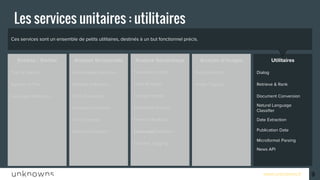 www.unknowns.fr
Ces services sont un ensemble de petits utilitaires, destinés à un but fonctionnel précis.
Entrées / Sorties Analyse Structurelle UtilitairesAnalyse d’imagesAnalyse Sémantique
9
Les services unitaires : utilitaires
DialogFace DetectionPersonality InsightRelationship ExtractionText to Speech
Retrieve & Rank
Document Conversion
Date Extraction
Publication Date
Microformat Parsing
News API
Natural Language
Classifier
Speech to Text
Language Detection
Relation Extraction
Entity Extraction
Keyword Extraction
Text Extraction
Authors Extraction
Tone Analyser
Concept Insight
Sentiment Analysis
Emotion Analysis
Taxonomy
Concept Tagging
Language Detection
Image Tagging
 
