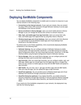 Deploying XenMobile Components
You can deploy XenMobile components to enable users to connect to resources in your
internal network in the following ways:
w Connections to the internal network. If your users are remote, they can connect
by using a VPN or Micro VPN connection through NetScaler Gateway to access apps
and desktops in the internal network.
w Device enrollment in Device Manager. Users can enroll mobile devices in Device
Manager so you can manage the devices that connect to network resources.
w Web, SaaS, and mobile apps from App Controller. Users can access their web,
SaaS, and mobile apps from AppController by using Worx Home or Receiver.
w Windows-based apps and virtual desktops. Users can connect with Citrix Receiver
or a web browser to access Windows-based apps and virtual desktops from
StoreFront or the Web Interface.
To achieve some or all of these capabilities, Citrix recommends deploying XenMobile
components in the following order:
w NetScaler Gateway. You can configure settings in NetScaler Gateway to enable
communication with App Controller, StoreFront, or the Web Interface by using the
Quick Configuration wizard. You must install App Controller, StoreFront, or the Web
Interface before using the Quick Configuration wizard in NetScaler Gateway.
w Device Manager. After you install Device Manager, you can configure policies and
settings that allow users to enroll their mobile devices.
w App Controller. After you install App Controller, you can configure mobile, web, and
SaaS apps. Mobile apps can include apps from the Apple App Store or Google Play.
Users can also connect to mobile apps you wrap with the MDX Toolkit and upload to
App Controller.
w MDX Toolkit. You can wrap .ipa or .apk apps and Worx apps with the MDX Toolkit.
After you wrap the apps, you can upload the apps to App Controller.
w StoreFront (optional). You can provide access to Windows-based apps and virtual
desktops from StoreFront through connections with Receiver.
w ShareFile Enterprise (optional). If you deploy ShareFile, you enable enterprise
directory integration through App Controller or Security Assertion Markup Language
(SAML). For more information about ShareFile, see ShareFile Enterprise in Citrix
eDocs.
If you install all of the XenMobile components in your network, the deployment may
look like the following figure:
Chapter 2 Building Your XenMobile Solution
12
 