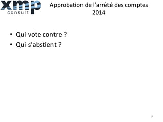 Approba1on	
  de	
  l’arrêté	
  des	
  comptes	
  
2014	
  
•  Qui	
  vote	
  contre	
  ?	
  
•  Qui	
  s’abs1ent	
  ?	
  
14	
  
 