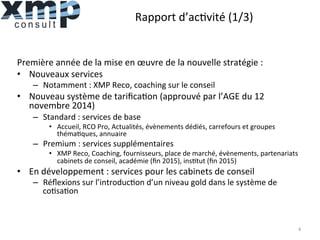 Rapport	
  d’ac1vité	
  (1/3)	
  
Première	
  année	
  de	
  la	
  mise	
  en	
  œuvre	
  de	
  la	
  nouvelle	
  stratégie	
  :	
  	
  
•  Nouveaux	
  services	
  
–  Notamment	
  :	
  XMP	
  Reco,	
  coaching	
  sur	
  le	
  conseil	
  
•  Nouveau	
  système	
  de	
  tariﬁca1on	
  (approuvé	
  par	
  l’AGE	
  du	
  12	
  
novembre	
  2014)	
  
–  Standard	
  :	
  services	
  de	
  base	
  
•  Accueil,	
  RCO	
  Pro,	
  Actualités,	
  évènements	
  dédiés,	
  carrefours	
  et	
  groupes	
  
théma1ques,	
  annuaire	
  
–  Premium	
  :	
  services	
  supplémentaires	
  
•  XMP	
  Reco,	
  Coaching,	
  fournisseurs,	
  place	
  de	
  marché,	
  évènements,	
  partenariats	
  
cabinets	
  de	
  conseil,	
  académie	
  (ﬁn	
  2015),	
  ins1tut	
  (ﬁn	
  2015)	
  
•  En	
  développement	
  :	
  services	
  pour	
  les	
  cabinets	
  de	
  conseil	
  
–  Réﬂexions	
  sur	
  l’introduc1on	
  d’un	
  niveau	
  gold	
  dans	
  le	
  système	
  de	
  
co1sa1on	
  
4	
  
 