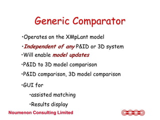 Generic Comparator
     •Operates on the XMpLant model
     •Independent of any P&ID or 3D system
     •Will enable model updates
     •P&ID to 3D model comparison
     •P&ID comparison, 3D model comparison

     •GUI for
        •assisted matching
        •Results display
Noumenon Consulting Limited
 