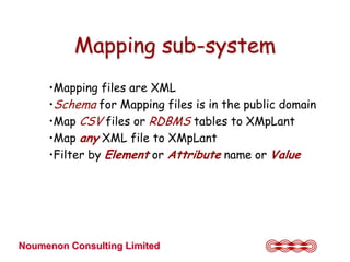 Mapping sub-system
     •Mapping files are XML
     •Schema for Mapping files is in the public domain
     •Map CSV files or RDBMS tables to XMpLant
     •Map any XML file to XMpLant
     •Filter by Element or Attribute name or Value




Noumenon Consulting Limited
 