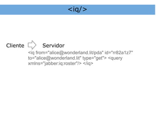 <iq/>




Cliente         Servidor
          <iq from="alice@wonderland.lit/pda" id="rr82a1z7"
          to="alice@wonderland.lit" type="get"> <query
          xmlns="jabber:iq:roster"/> </iq>
 