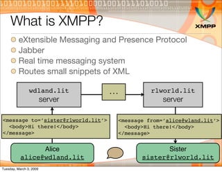 What is XMPP?
          eXtensible Messaging and Presence Protocol
          Jabber
          Real time messaging system
 ...