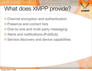 What does XMPP provide?
         Channel encryption and authentication
         Presence and contact lists
         One-to...