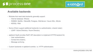Available backends
• Modules that need data backends generally support:
• Internal database: Mnesia
• RDBMS: MySQL / MariaDB, Postgres, SQLServer / Azure SQL, SQLite
• NOSQL: Riak
• Some of them support additional backends (i.e authentication, shared roster):
• LDAP / Active Directory / Azure Directory
• ejabberd SaaS provides ReST API description to implement HTTPS backend for
• User authentication,
• Contact list (rosters),
• Message archiving
• Custom backends in ejabberd-contribs: i.e. HTTP authentication.
 