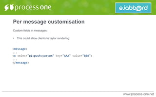 Per message customisation
Custom fields in messages:
• This could allow clients to taylor rendering:
<message>	
...	
<x	xmlns="p1:push:custom"	key="AAA"	value="BBB">	
...	
</message>
 