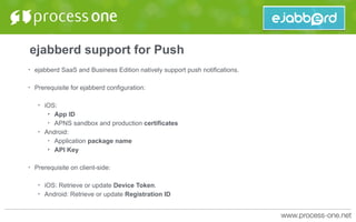 ejabberd support for Push
• ejabberd SaaS and Business Edition natively support push notifications.
• Prerequisite for ejabberd configuration:
• iOS:
• App ID
• APNS sandbox and production certificates
• Android:
• Application package name
• API Key
• Prerequisite on client-side:
• iOS: Retrieve or update Device Token.
• Android: Retrieve or update Registration ID
 