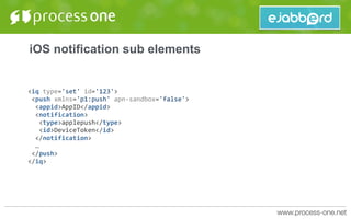 iOS notification sub elements
<iq	type='set'	id='123'>	
	<push	xmlns='p1:push'	apn-sandbox='false'>	
		<appid>AppID</appid>	
		<notification>	
			<type>applepush</type>	
			<id>DeviceToken</id>	
		</notification>	
		…	
	</push>	
</iq>
 