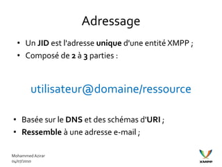 Adressage
  • Un JID est l'adresse unique d'une entité XMPP ;
  • Composé de 2 à 3 parties :


        utilisateur@domaine/ressource

• Basée sur le DNS et des schémas d'URI ;
• Ressemble à une adresse e-mail ;

Mohammed Azirar
04/07/2010
 