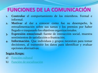 FUNCIONES DE LA COMUNICACIÓN 
1. Controlar el comportamiento de los miembros. Formal e 
informal. 
2. Motivar al dar a conocer como fue su desempeño, la 
retroalimentación sobre sus tareas y los premios por haber 
llegado o traspasado los objetivos organizacionales. 
3. Expresión emocional: fuente de interacción social, muestra 
sentimientos de satisfacción o frustración. 
4. Información. Que individuos y grupos necesitan para tomar 
decisiones, al transmitir los datos para identificar y evaluar 
opciones alternativas. 
Según Kreps: 
a) Función cultural 
b) Función de socialización 
 