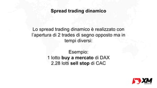 Spread trading dinamico
Lo spread trading dinamico è realizzato con
l’apertura di 2 trades di segno opposto ma in
tempi diversi:
Esempio:
1 lotto buy a mercato di DAX
2.28 lotti sell stop di CAC
 