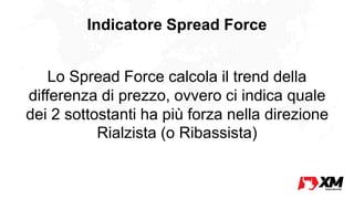 Indicatore Spread Force
Lo Spread Force calcola il trend della
differenza di prezzo, ovvero ci indica quale
dei 2 sottostanti ha più forza nella direzione
Rialzista (o Ribassista)
 