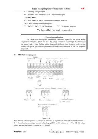 Yuyao changjiang temperature meter factory
‘E’：Linearity voltage output；
‘G’：ON/OFF solid state relay（SSR）adjustment output；
Auxiliary ways：
‘K’：with RS485 or RS232 communication module interface；
‘Wt’：with micro-printer output signal；
‘V’：DC24V、DC12V、DC5V output； ‘P’：30 segment program
Ⅳ、Installation and connection
Connection explanation
XMT*808 series intelligence temperature controller, it provides the below wiring
diagram for reference；Client can make the correct connection according to the meaning of
the model code.；when find the wiring diagram is different from the meter model, or the
order is the special specification，please be confirm to case connection，or you can telephone
to consult.
4.1 XMT-808 wiring diagram
Figure 4－1
Note：linearity voltage range under 1V can input by terminal 1、2，signal 0～5V and 1～5V can input by terminal 1、
4. 4～20mA linearity current input can achieve by changing 250Ω or 50Ωresistance to 1～5V or 0.2～1V voltage
signal，and then input from 1、2 terminal or 1、4 terminal.
6
XMT*808 series E-mail:yycj@yycj.com http://www.yycj.com.cn
 