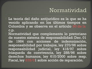  La teoría del daño antijurídico es la que se ha
venido aplicando en los últimos tiempos en
Colombia y se observa en el artículo 90 de la
c.p.
 Normatividad que complementa lo pretoriano
de nuestro sistema de responsabilidad: Dec. 01
de 1984 con acciones de indemnización,
responsabilidad por trabajos, ley 270/96 sobre
responsabilidad judicial, ley 418/97 sobre
búsqueda de convivencia, ley 288/96 sobre
derechos humanos, ley 610/2000 sobre resp.
Fiscal, ley 678/01 sobre acción de reparación.
 