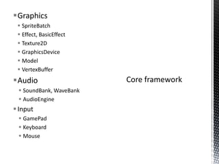 GraphicsSpriteBatchEffect, BasicEffectTexture2DGraphicsDeviceModelVertexBufferAudioSoundBank, WaveBankAudioEngineInputGamePadKeyboardMouseCore framework