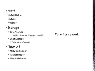 MathMathHelperMatrixVectorStorageTitle Storage(Shaders, Meshes, Textures, Sounds)User Storage(Save games, Scores)NetworkNetworkSessionPacketReaderNetworkGamerCore framework