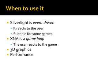 What is it.NET framework for gamesXBOX, PC, ZuneNow WP7Creator’s Clubhttp://creators.xna.comParallel set of .NET APIsEven more cut down on WP7Relatively Portable