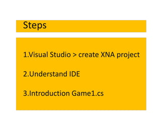 Microsoft XNA Game Studio 4.0
Game Contents
 