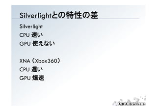 Silverlightとの特性の差
Silverlight
CPU 速い
GPU 使えない

XNA （Xbox360）
CPU 遅い
GPU 爆速
 