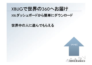 XBLIGで世界の360 お届け
XBLIGで世界の360へお届け
XBLダッシュボードから簡単にダウンロード

世界中の人に遊んでもらえる




                    いいとこ
 