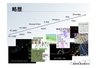 略歴
                                                                Silverlight
                                                         XNA
                                               Windows
                                                               Flash
                                       P/ECE
                      WonderWitch
           PC-9801                  iAppli
 PC-6001
                     Palm
           MSX2
PC-1500
 