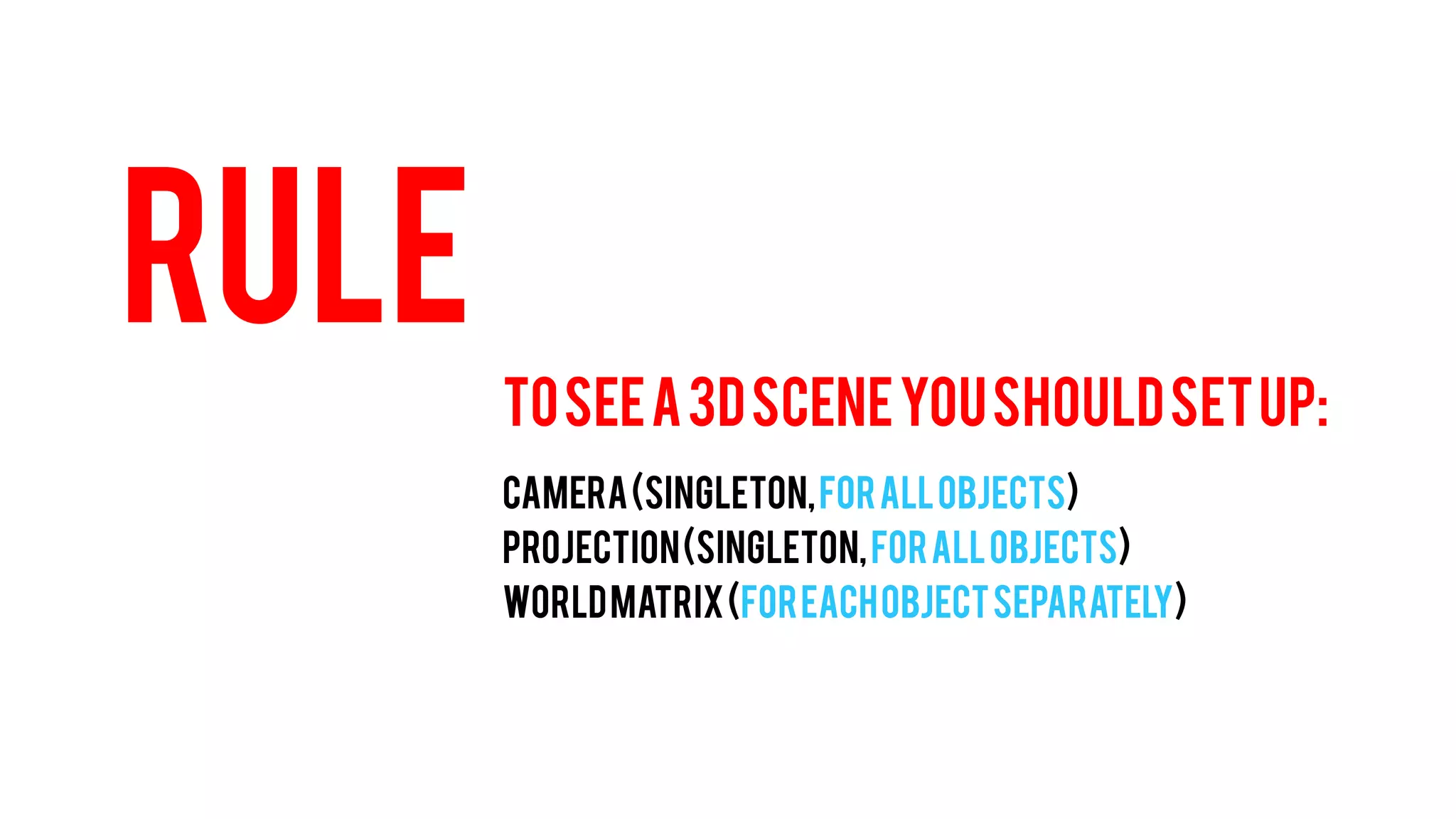 RULE 
TO SEE A 3D SCENE YOU SHOULD SET UP: 
CAMERA (Singleton, for all objects) 
PROJECTION (Singleton, for all objects) 
WORLD MATRIX (For each object separately)  