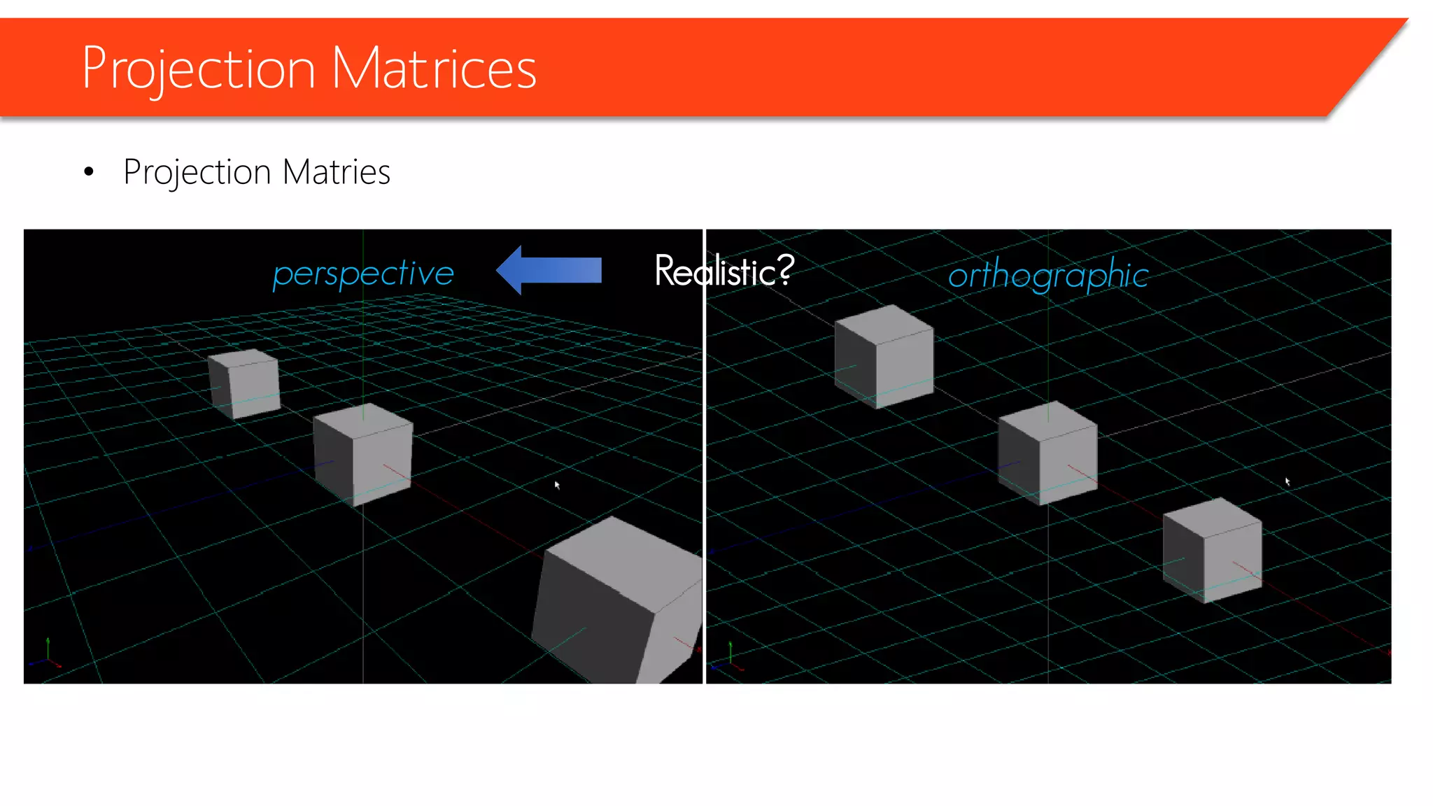 Projection Matrices 
•Projection Matries 
Realistic? 
perspective 
orthographic  