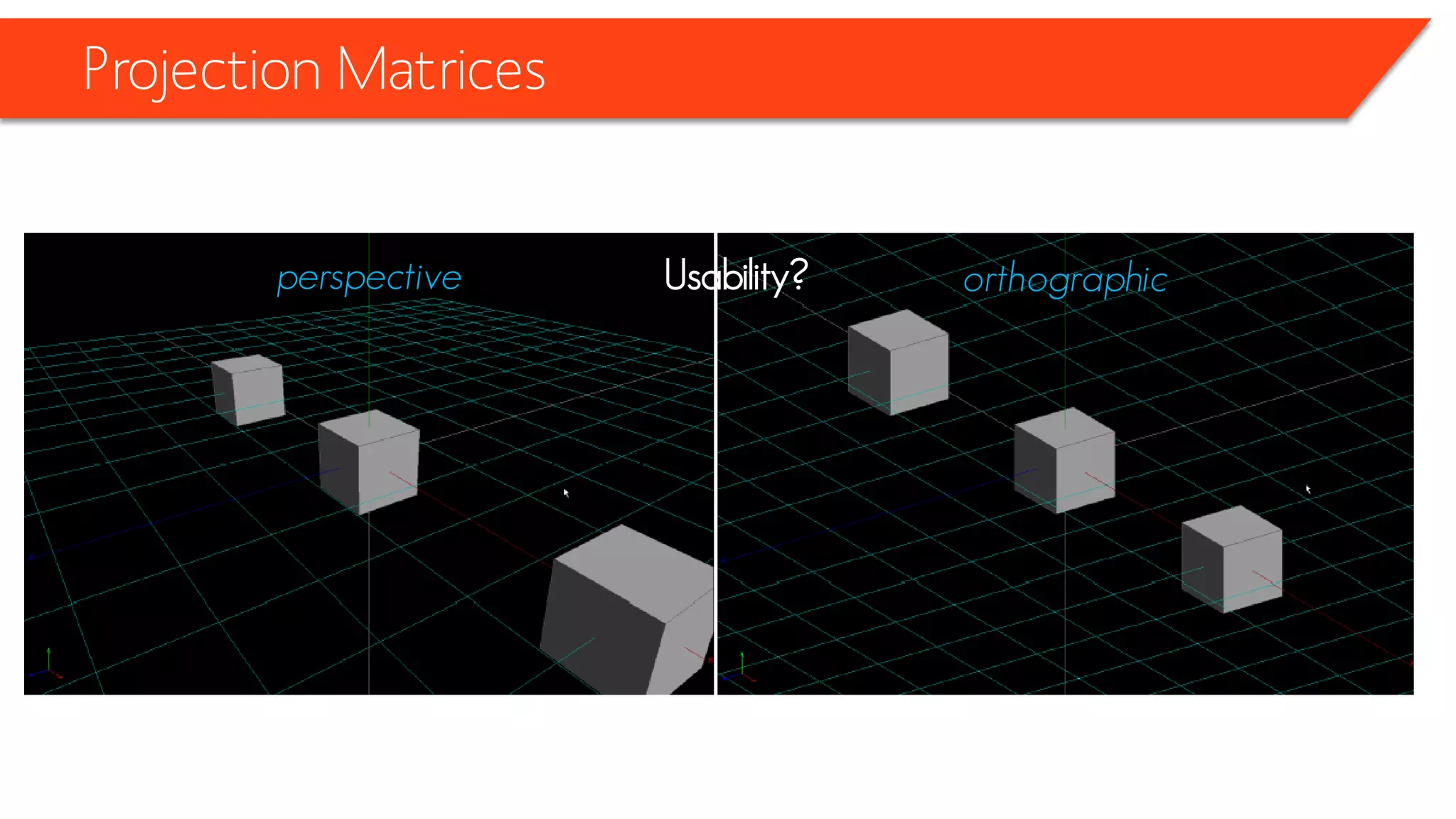 Projection Matrices 
Usability? 
perspective 
orthographic  