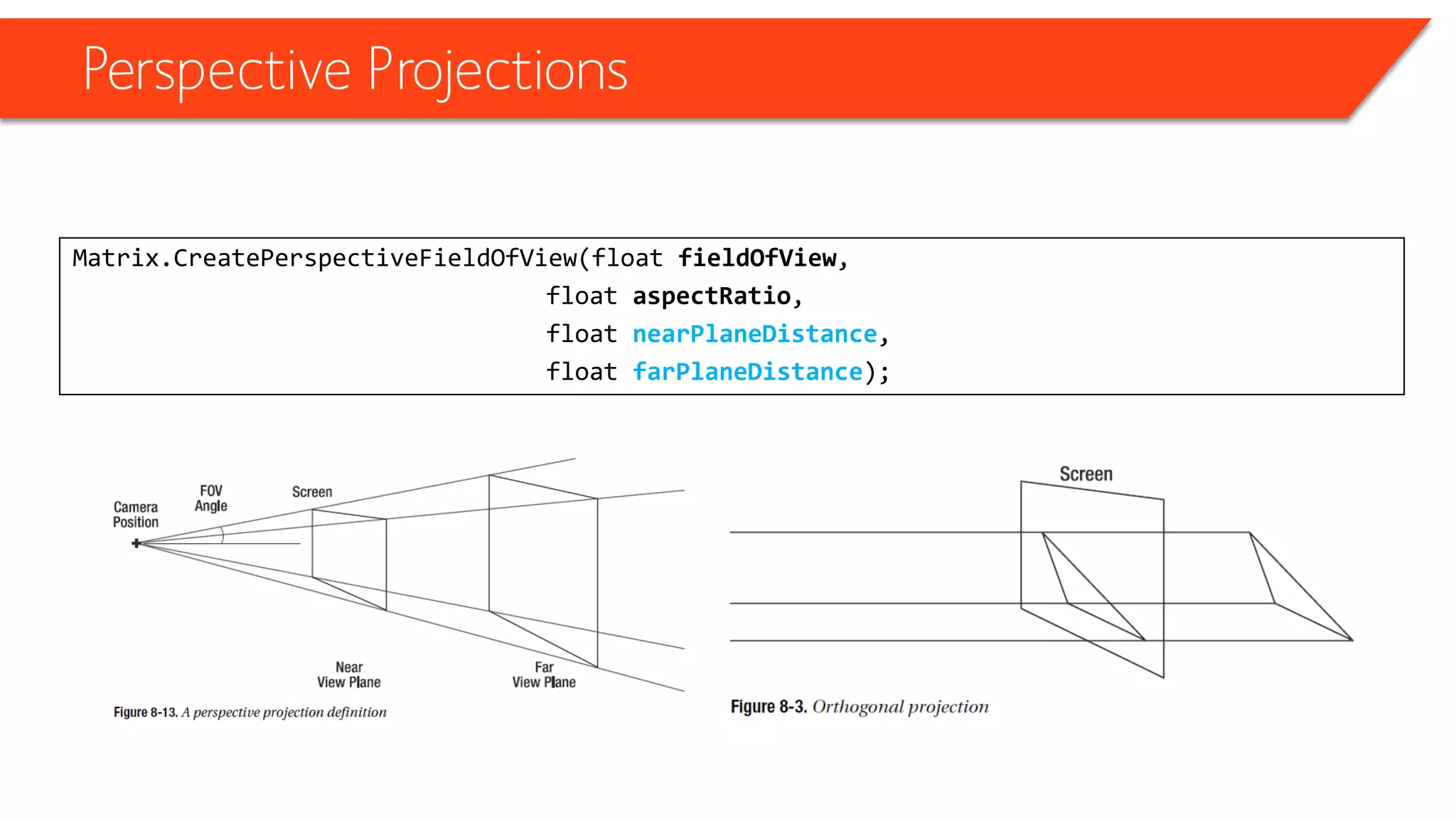 Perspective Projections 
Matrix.CreatePerspectiveFieldOfView(float fieldOfView, 
float aspectRatio, 
float nearPlaneDistance, 
float farPlaneDistance);  