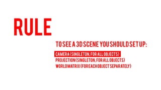 RULE 
TO SEE A 3D SCENE YOU SHOULD SET UP: 
CAMERA (Singleton, for all objects) 
PROJECTION (Singleton, for all objects) 
WORLD MATRIX (For each object separately)  