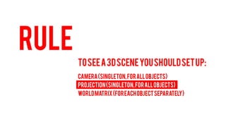 RULE 
TO SEE A 3D SCENE YOU SHOULD SET UP: 
CAMERA (Singleton, for all objects) 
PROJECTION (Singleton, for all objects) 
WORLD MATRIX (For each object separately)  
