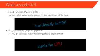 What a shader is?!
• Fixed Function Pipeline (FFP)
– limits what game developers can do, but ease things off for them
• Programmable graphics pipelines
– You get to decide exactly how things should be performed
 