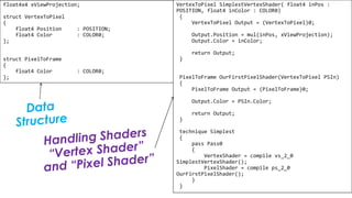 Pixel Shader
float4x4 xViewProjection;
struct VertexToPixel
{
float4 Position : POSITION;
float4 Color : COLOR0;
};
struct PixelToFrame
{
float4 Color : COLOR0;
};
VertexToPixel SimplestVertexShader( float4 inPos :
POSITION, float4 inColor : COLOR0)
{
VertexToPixel Output = (VertexToPixel)0;
Output.Position = mul(inPos, xViewProjection);
Output.Color = inColor;
return Output;
}
PixelToFrame OurFirstPixelShader(VertexToPixel PSIn)
{
PixelToFrame Output = (PixelToFrame)0;
Output.Color = PSIn.Color;
return Output;
}
technique Simplest
{
pass Pass0
{
VertexShader = compile vs_2_0
SimplestVertexShader();
PixelShader = compile ps_2_0
OurFirstPixelShader();
}
}
 