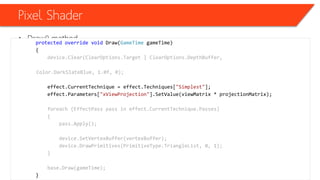 Pixel Shader
• Draw() methodprotected override void Draw(GameTime gameTime)
{
device.Clear(ClearOptions.Target | ClearOptions.DepthBuffer,
Color.DarkSlateBlue, 1.0f, 0);
effect.CurrentTechnique = effect.Techniques["Simplest"];
effect.Parameters["xViewProjection"].SetValue(viewMatrix * projectionMatrix);
foreach (EffectPass pass in effect.CurrentTechnique.Passes)
{
pass.Apply();
device.SetVertexBuffer(vertexBuffer);
device.DrawPrimitives(PrimitiveType.TriangleList, 0, 1);
}
base.Draw(gameTime);
}
 