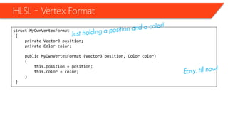 struct MyOwnVertexFormat
{
private Vector3 position;
private Color color;
public MyOwnVertexFormat (Vector3 position, Color color)
{
this.position = position;
this.color = color;
}
}
HLSL – Vertex Format
 