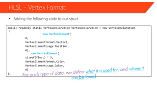 public readonly static VertexDeclaration VertexDeclaration = new VertexDeclaration
(
new VertexElement(
0,
VertexElementFormat.Vector3,
VertexElementUsage.Position,
0),
new VertexElement(
sizeof(float) * 3,
VertexElementFormat.Color,
VertexElementUsage.Color,
0)
);
HLSL – Vertex Format
• Adding the following code to our struct
 