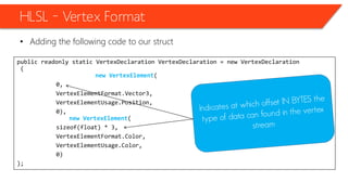public readonly static VertexDeclaration VertexDeclaration = new VertexDeclaration
(
new VertexElement(
0,
VertexElementFormat.Vector3,
VertexElementUsage.Position,
0),
new VertexElement(
sizeof(float) * 3,
VertexElementFormat.Color,
VertexElementUsage.Color,
0)
);
HLSL – Vertex Format
• Adding the following code to our struct
 
