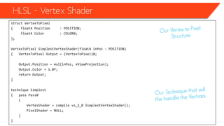HLSL – Vertex Shader
• The hole code for now will be
struct VertexToPixel
{ float4 Position : POSITION;
float4 Color : COLOR0;
};
VertexToPixel SimplestVertexShader(float4 inPos : POSITION)
{ VertexToPixel Output = (VertexToPixel)0;
Output.Position = mul(inPos, xViewProjection);
Output.Color = 1.0f;
return Output;
}
technique Simplest
{ pass Pass0
{
VertexShader = compile vs_2_0 SimplestVertexShader();
PixelShader = NULL;
}
}
 