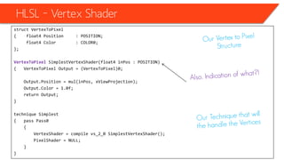 HLSL – Vertex Shader
• The hole code for now will be
struct VertexToPixel
{ float4 Position : POSITION;
float4 Color : COLOR0;
};
VertexToPixel SimplestVertexShader(float4 inPos : POSITION)
{ VertexToPixel Output = (VertexToPixel)0;
Output.Position = mul(inPos, xViewProjection);
Output.Color = 1.0f;
return Output;
}
technique Simplest
{ pass Pass0
{
VertexShader = compile vs_2_0 SimplestVertexShader();
PixelShader = NULL;
}
}
 