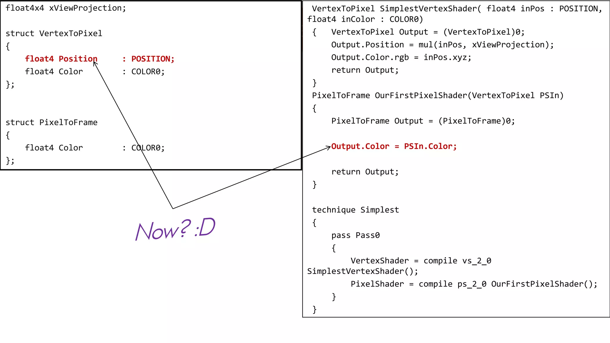 Experimenting With Shaders
VertexToPixel SimplestVertexShader( float4 inPos : POSITION,
float4 inColor : COLOR0)
{ VertexToPixel Output = (VertexToPixel)0;
Output.Position = mul(inPos, xViewProjection);
Output.Color.rgb = inPos.xyz;
return Output;
}
PixelToFrame OurFirstPixelShader(VertexToPixel PSIn)
{
PixelToFrame Output = (PixelToFrame)0;
Output.Color = PSIn.Color;
return Output;
}
technique Simplest
{
pass Pass0
{
VertexShader = compile vs_2_0
SimplestVertexShader();
PixelShader = compile ps_2_0 OurFirstPixelShader();
}
}
float4x4 xViewProjection;
struct VertexToPixel
{
float4 Position : POSITION;
float4 Color : COLOR0;
};
struct PixelToFrame
{
float4 Color : COLOR0;
};
 