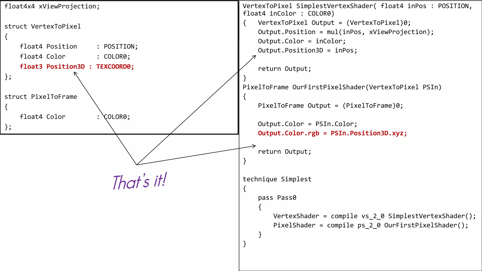 Experimenting With Shaders
VertexToPixel SimplestVertexShader( float4 inPos : POSITION,
float4 inColor : COLOR0)
{ VertexToPixel Output = (VertexToPixel)0;
Output.Position = mul(inPos, xViewProjection);
Output.Color = inColor;
Output.Position3D = inPos;
return Output;
}
PixelToFrame OurFirstPixelShader(VertexToPixel PSIn)
{
PixelToFrame Output = (PixelToFrame)0;
Output.Color = PSIn.Color;
Output.Color.rgb = PSIn.Position3D.xyz;
return Output;
}
technique Simplest
{
pass Pass0
{
VertexShader = compile vs_2_0 SimplestVertexShader();
PixelShader = compile ps_2_0 OurFirstPixelShader();
}
}
float4x4 xViewProjection;
struct VertexToPixel
{
float4 Position : POSITION;
float4 Color : COLOR0;
float3 Position3D : TEXCOORD0;
};
struct PixelToFrame
{
float4 Color : COLOR0;
};
 